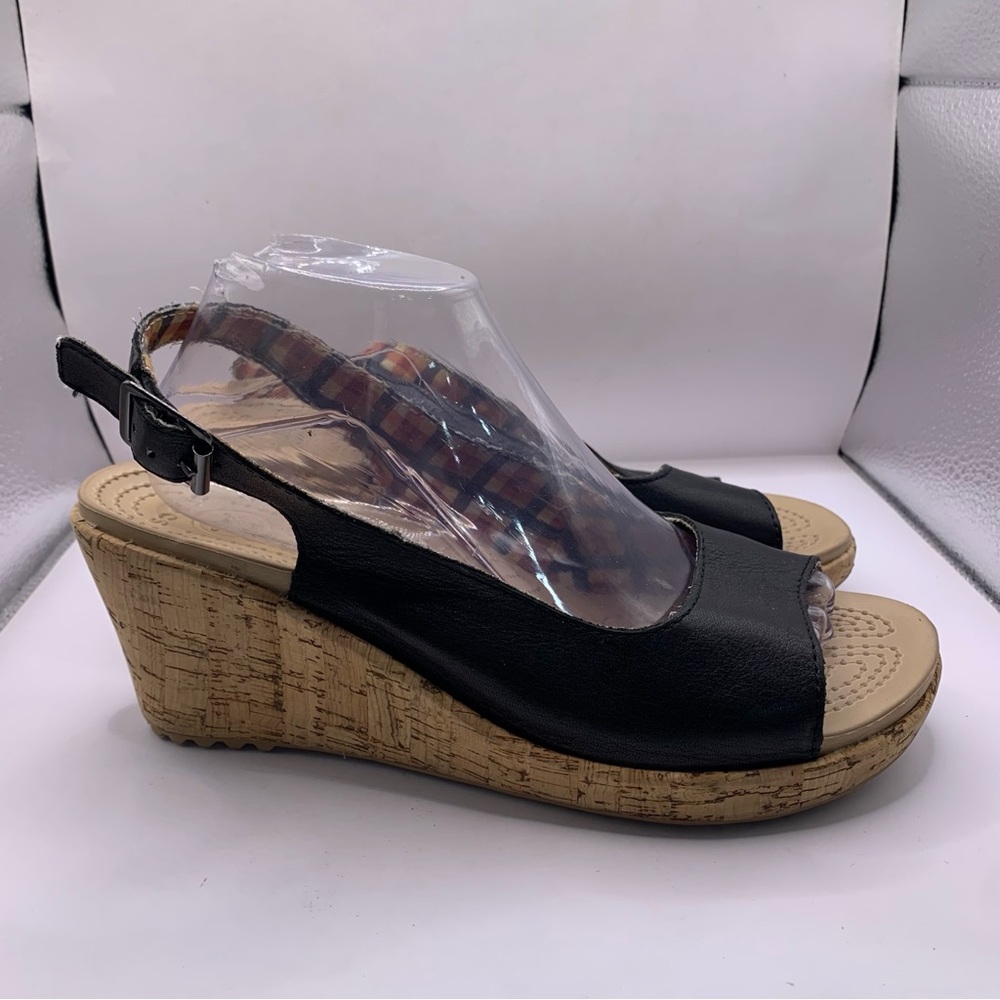 Crocs A-Leigh Black Leather Slingback Cork Wedge Sandals size 10